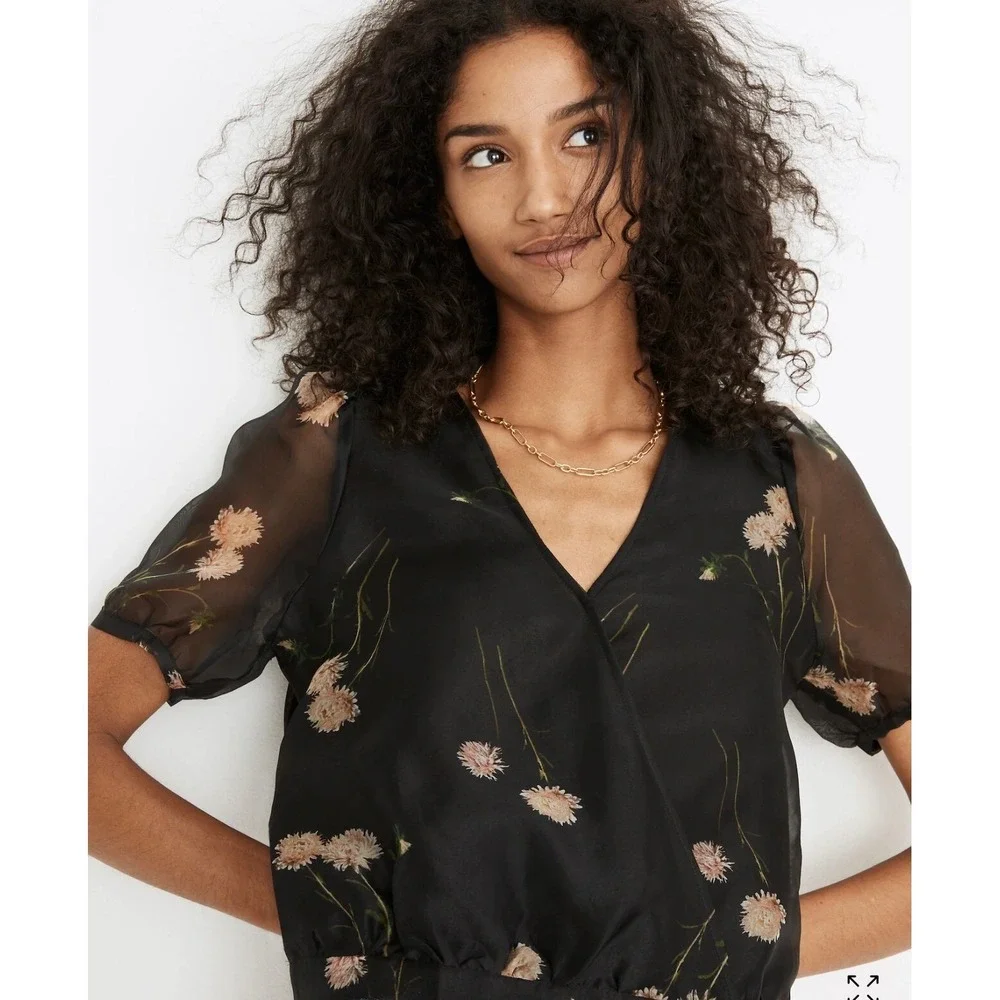 Madewell  Silk Puff Sleeve Wrap‎ Top Black Floral V-Neck Blouse XXS, fits sz 4